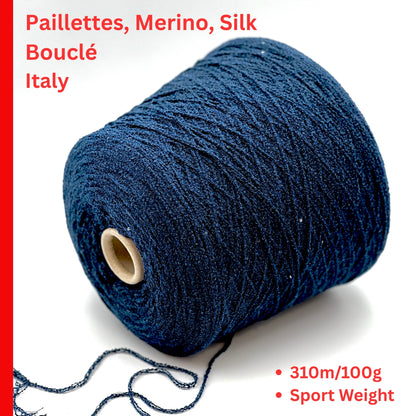 G&G Filati FRIZZ luxury 50% merino wool and 50% silk blend Italian sport weight fantasy boucle yarn in Midnight Blue with integrated 2mm transparent paillettes sequins for runway-ready fashion knitwear at iDOKNiT.