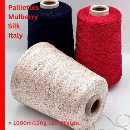 G&G Filati MULBERRY SETA luxury 100 mulberry silk lace weight yarn with integrated 2mm paillette sequins wound for boutique knitwear