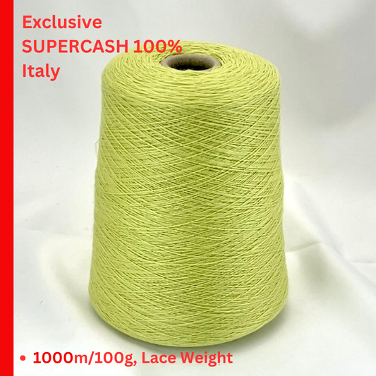 Luxury Italian SUPERCASH cashmere yarn 1000m
100 percent cashmere yarn fluo lemon cone Italy
soft lightweight cashmere yarn for sweaters shawls and scarves
Italian lace weight cashmere yarn close up texture detail
SUPERCASH luxury cashmere knitting weaving crochet yarn cone