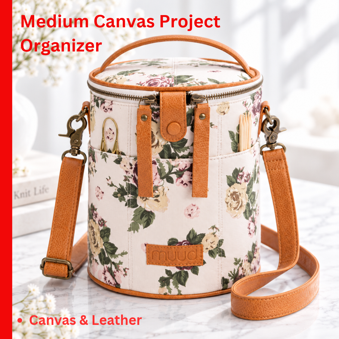 muud Saturn canvas project bag with genuine leather trim and yarn feed holes from iDOKNiT