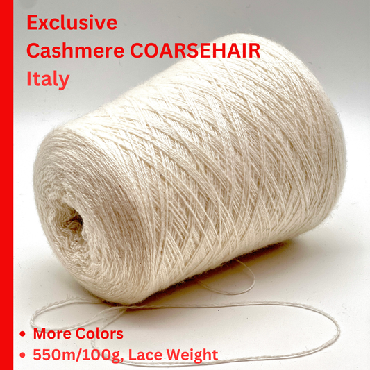 COARSEHAIR 2/11 cashmere yarn luxury Italian yarn
100 percent cashmere lace fingering yarn 550m per 100g
Soft luxury cashmere yarn for sweaters shawls and scarves
Italian cashmere cone yarn close up texture detail
COARSEHAIR 2/11 lightweight wearable cashmere yarn