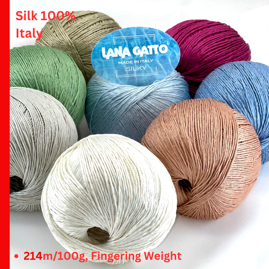 Lana Gatto SILKY pure silk yarn Italian fingering yarn
Luxury silk yarn for elegant summer knitwear and shawls
Close up of SILKY yarn showing smooth plied silk texture
Italian pure silk yarn with elegant sheen and drape
Soft breathable silk yarn for luxury knitting projects