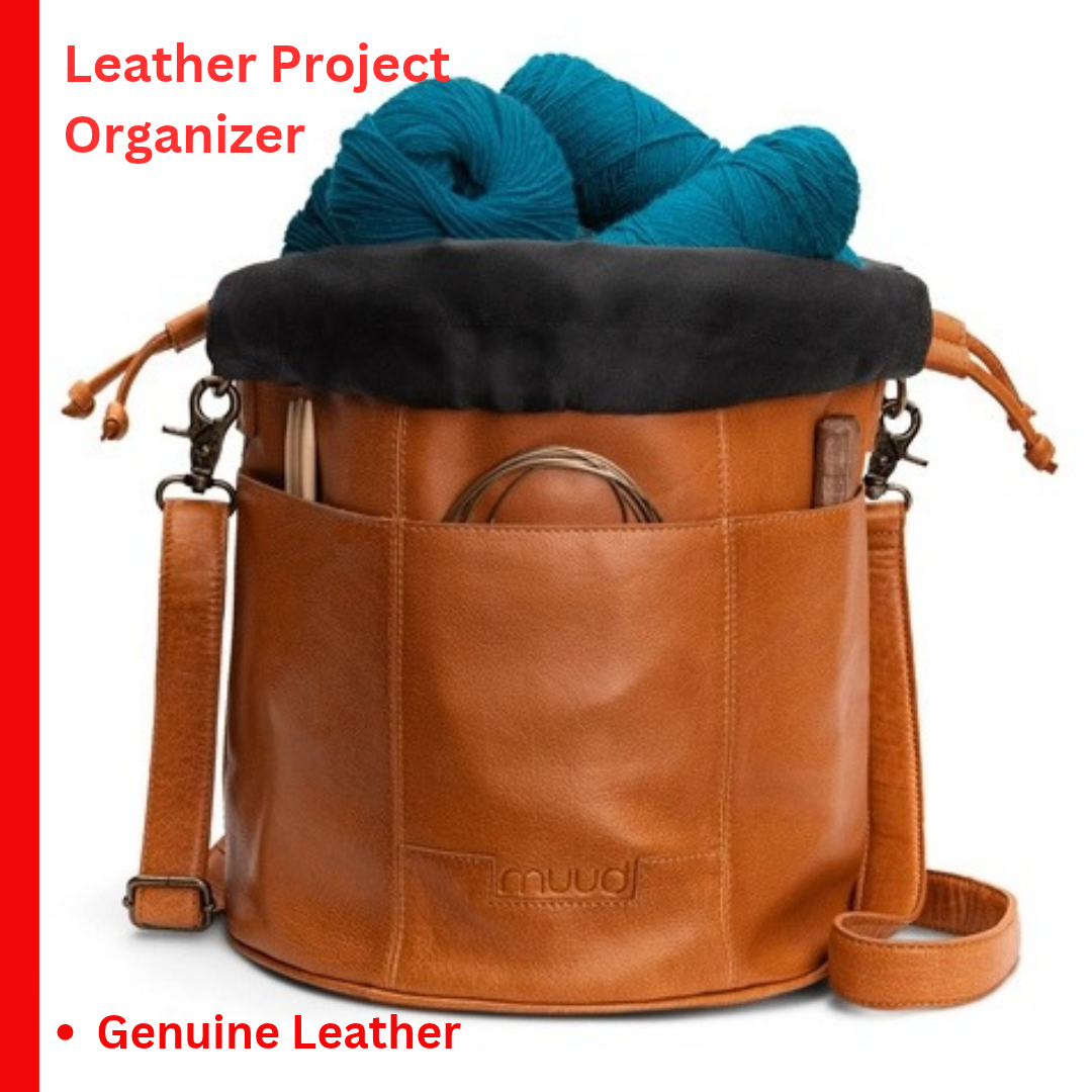 Ingrid soft genuine leather drawstring knitting project bag with interior yarn pockets from iDOKNiT