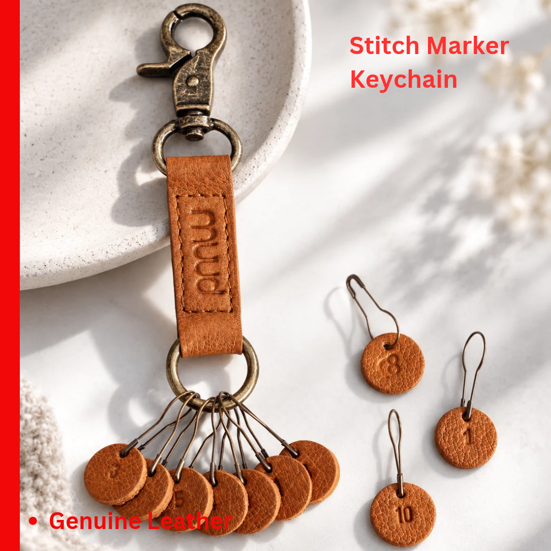 muud FELIZ genuine leather stitch marker keychain with 10 engraved metal markers from iDOKNiT