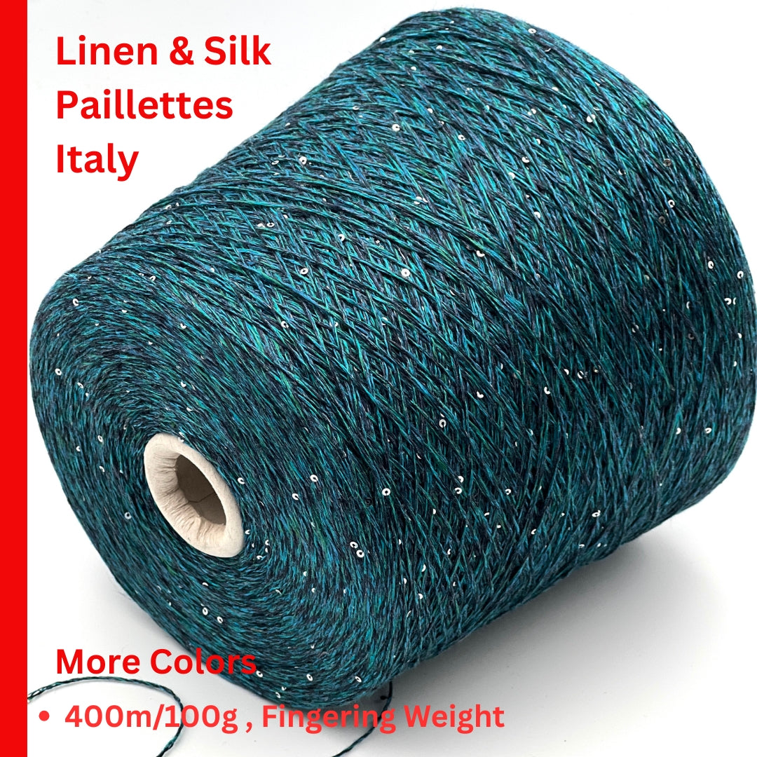 Rigo Saint Tropez linen silk silver paillette fingering weight yarn in balls from iDOKNiT