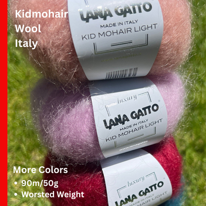 Lana Gatto Kid Mohair Light luxury wool blend yarn from iDOKNiT. Fluffy, lightweight Italian-spun roving with a soft halo for high-end knitting and crochet, 90m per 50g ball.