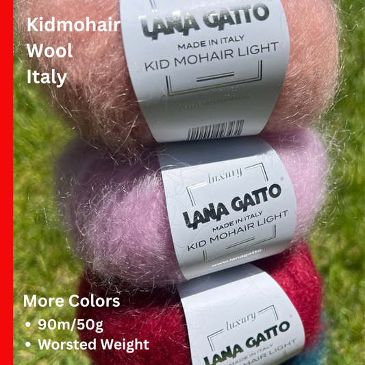 Lana Gatto Kid Mohair Light luxury wool blend yarn from iDOKNiT. Fluffy, lightweight Italian-spun roving with a soft halo for high-end knitting and crochet, 90m per 50g ball.