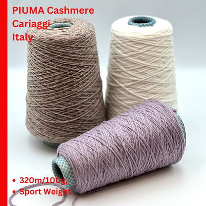 Rare CARIAGGI PIUMA 100% cashmere chainette yarn on original mill cone with original label and lofty cashmere texture.