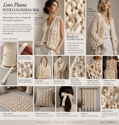100% Silk Ribbon Yarn, LORO PIANA FETTUCCIA INDIAN SILK, Luxury Italian Knitted Tape Yarn, Original Cones, 50m/100g