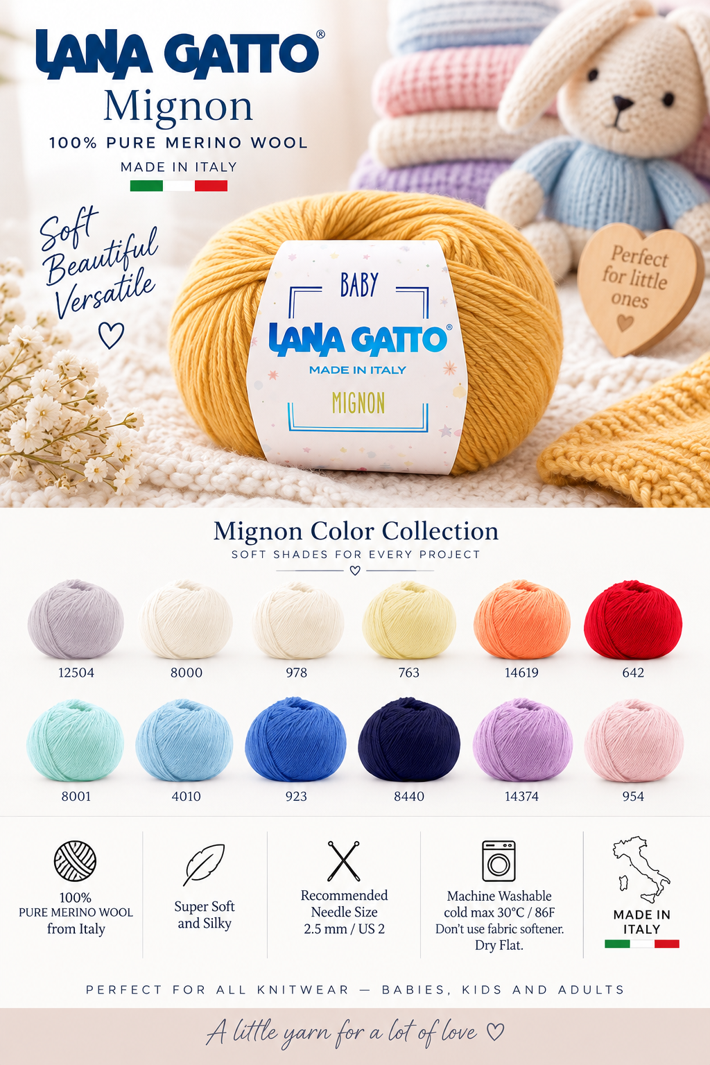Lana Gatto Mignon 100 percent pure fine Merino wool 25g ball Italian fingering weight yarn from iDOKNiT