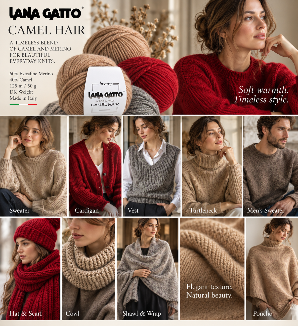 Lana Gatto Camel Hair 60 percent Merino Wool 40 percent Camel Italian DK weight yarn from iDOKNiT
