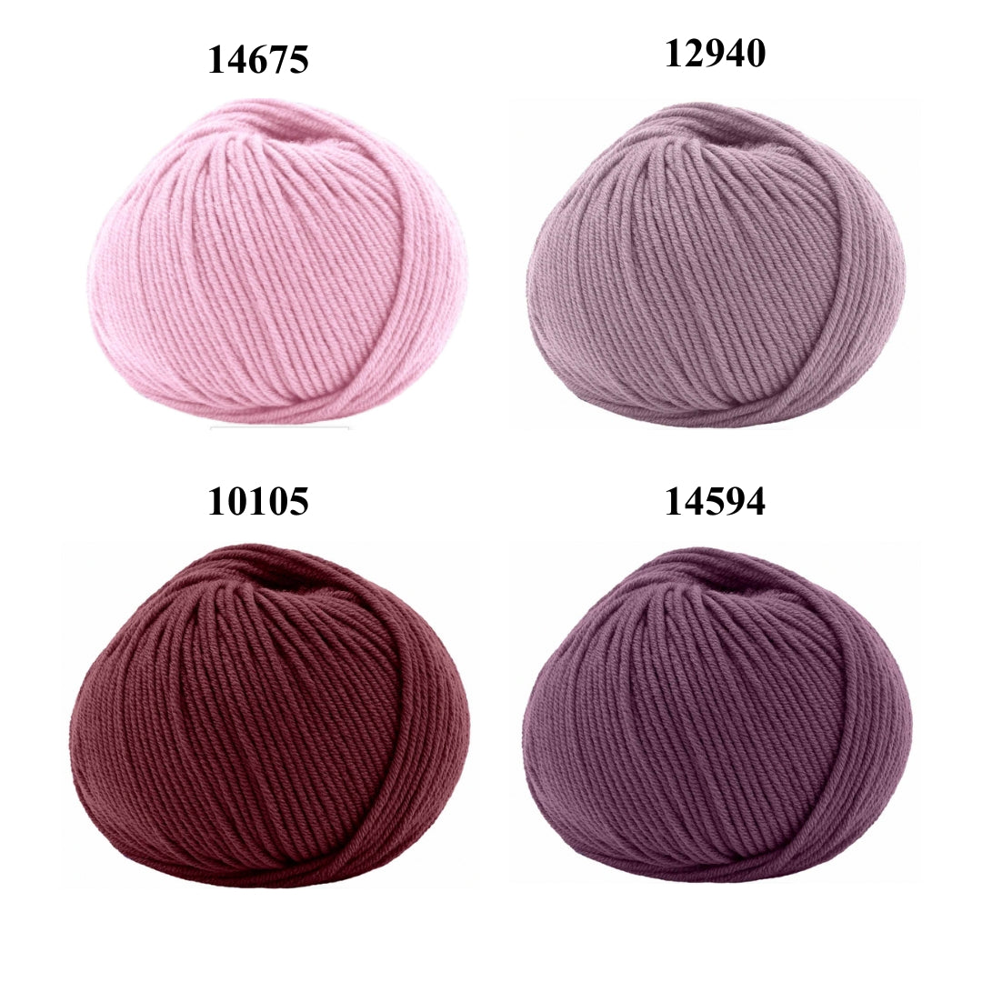 Four balls of yarn in different colors with color codes above each.