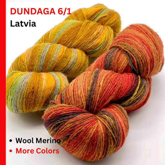 Three skeins of multicolored yarn with text about Dundaga 6/1 from Latvia on a white background.