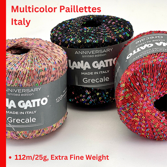 Multicolor yarn with 'Lana Gatto' labels on a white background