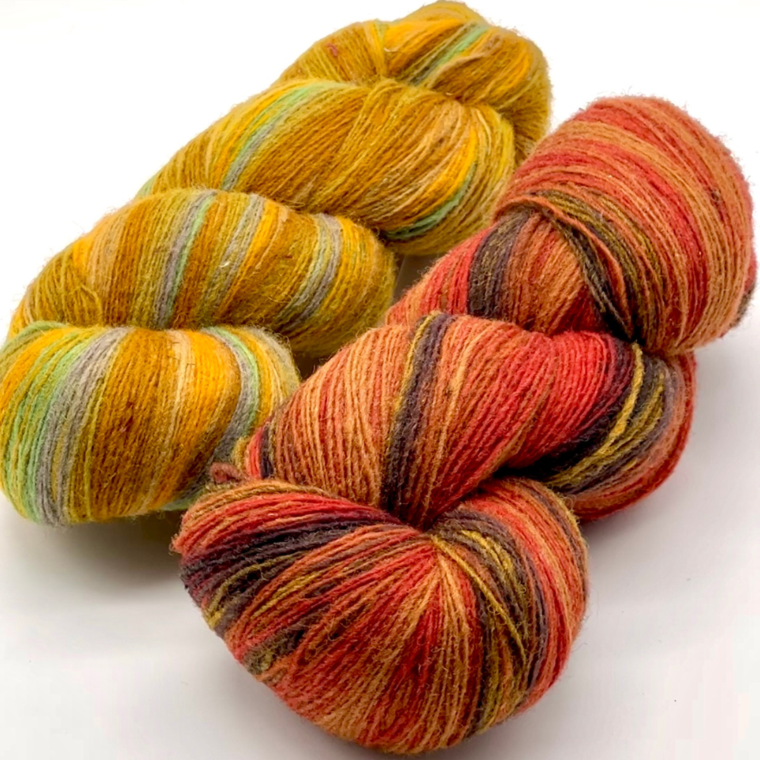 Two skeins of multicolored yarn on a white background