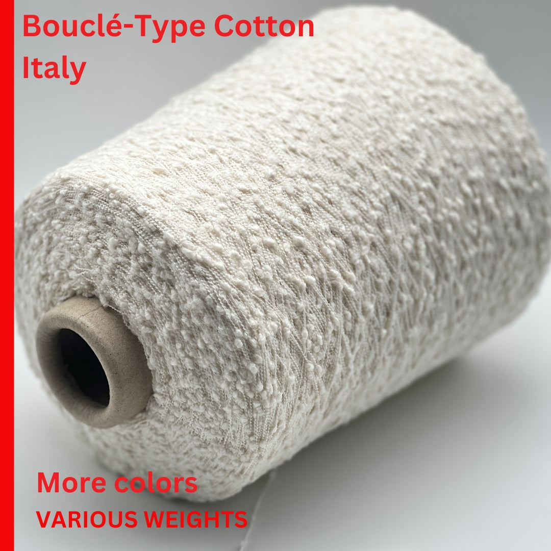Premium Italian cotton bouclé popcorn yarn by Lineapiù Italia for iDOKNiT. Textured cotton blend yarn on cones in various weights for luxury hand-knit and machine-knit projects.