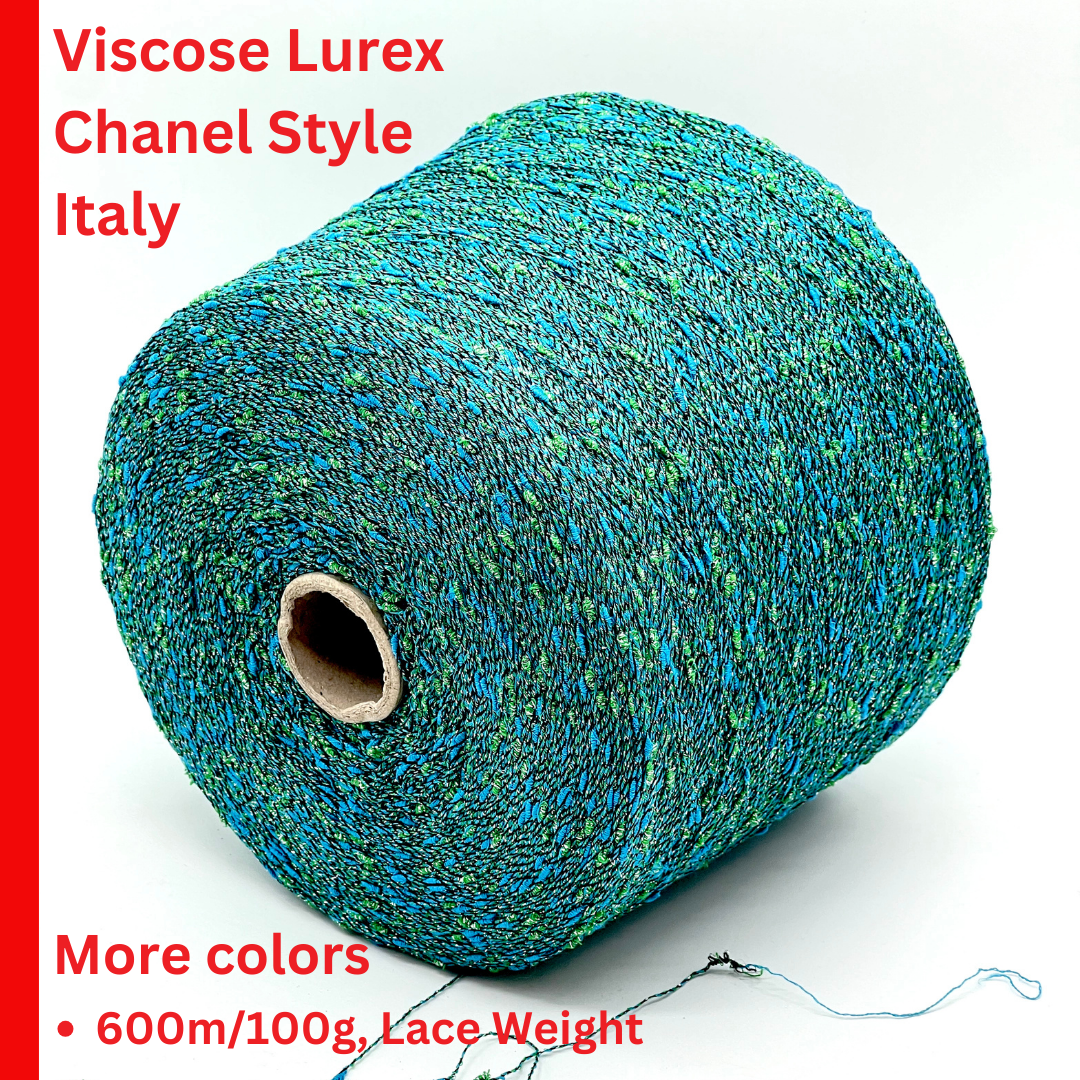 Exclusive iDOKNiT RiGo NODINO lace yarn featuring a radiant 67% viscose and 7% Lurex blend with a decorative Shishibriki texture for sophisticated Italian knitwear.