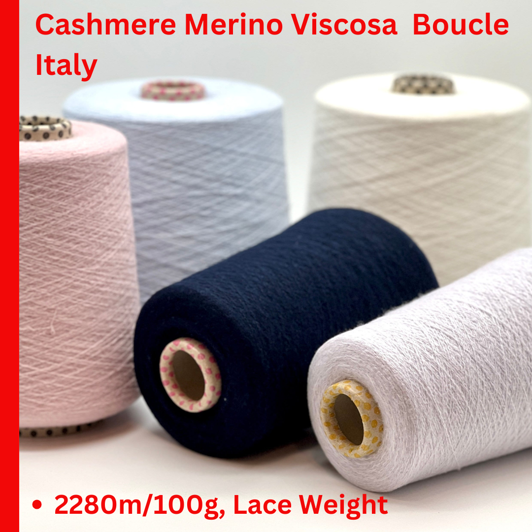 iDOKNiT exclusive: Close-up of Biagioli Modesto VANITY ZERMATT luxury yarn in boucle-style slub texture, a fine Italian cashmere-merino-viscose blend ideal for multi-strand handknitting and machine knitting.