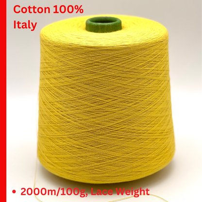 YUMA by Prisma Ricerche — sunflower yellow ecological lace-weight cable cotton yarn, shown on cone and in texture close-ups, available at iDOKNiT.