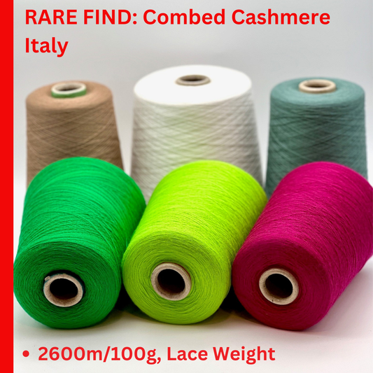 Ultra-fine 100% combed cashmere lace yarn SUPER CASHMERE by Loro Piana on cone, made in Italy. Rare luxury cashmere yarn with exceptional softness, strength, and elegant drape, curated by iDOKNiT for high-end knitting and weaving.