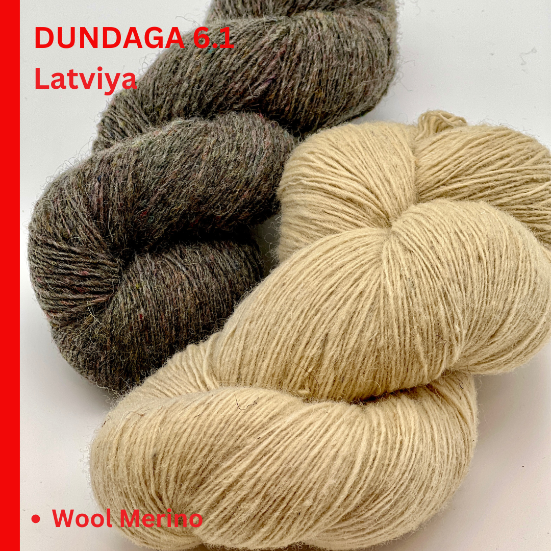 DUNDAGA 6/1 rustic Latvian wool yarn by Paces Vilnas Fabrika, single-ply fingering weight with high natural lanolin content, hand-dyed skeins in natural beige and grey tweed, traditional non-superwash heritage wool, photographed for iDOKNiT yarn shop.