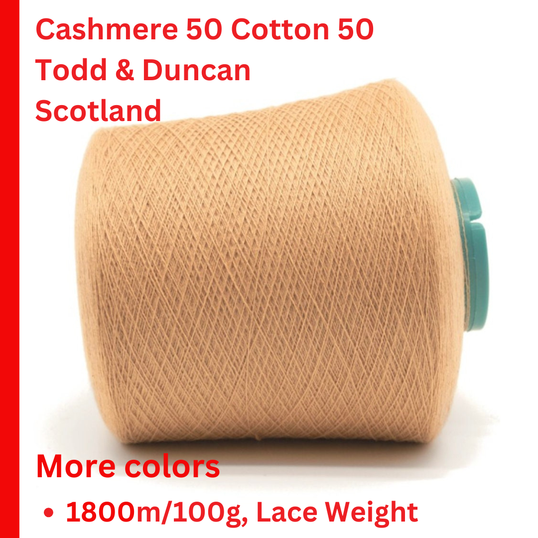 Exquisite iDOKNiT Todd & Duncan ODYSSEY yarn in a 50% Cashmere and 50% Cotton blend, featuring a refined Nm 2/36 lace weight for superior softness and breathable luxury.