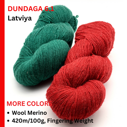 Two skeins of yarn, one green and one red, on a white background with text about yarn type and weight.