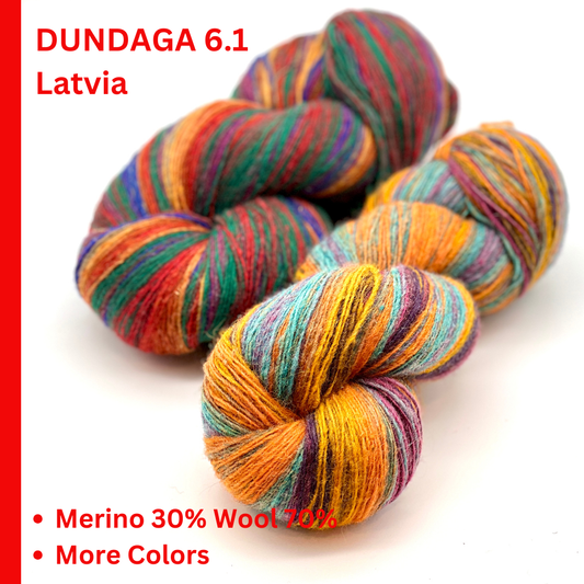 DUNDAGA 6/1 fingering weight single-ply yarn – 70% Latvian wool and 30% Merino blend, high lanolin content for a soft rustic feel, shown in hand-dyed gradients. Ideal for durable socks and heritage knitting with authentic European wool. Available at iDOKNiT.com.