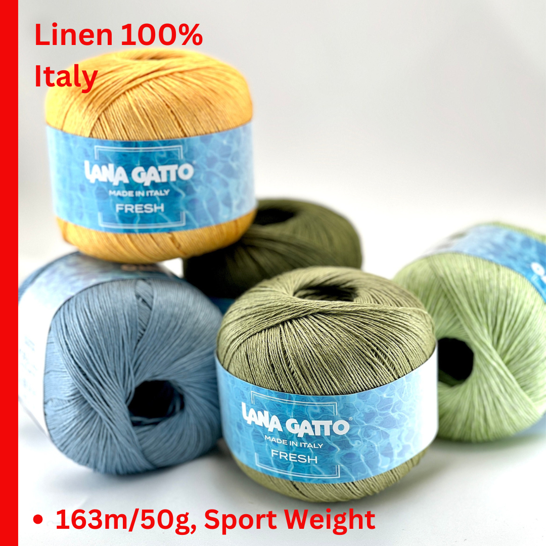 FRESH 100% Linen flax yarn by Lana Gatto, Italy – premium sport-weight summer yarn shown in a vibrant palette of colors. Ideal for breathable summer tops, elegant lightweight cardigans, and luxury knitting. Made in Tollegno, Italy. Available at iDOKNiT.com.