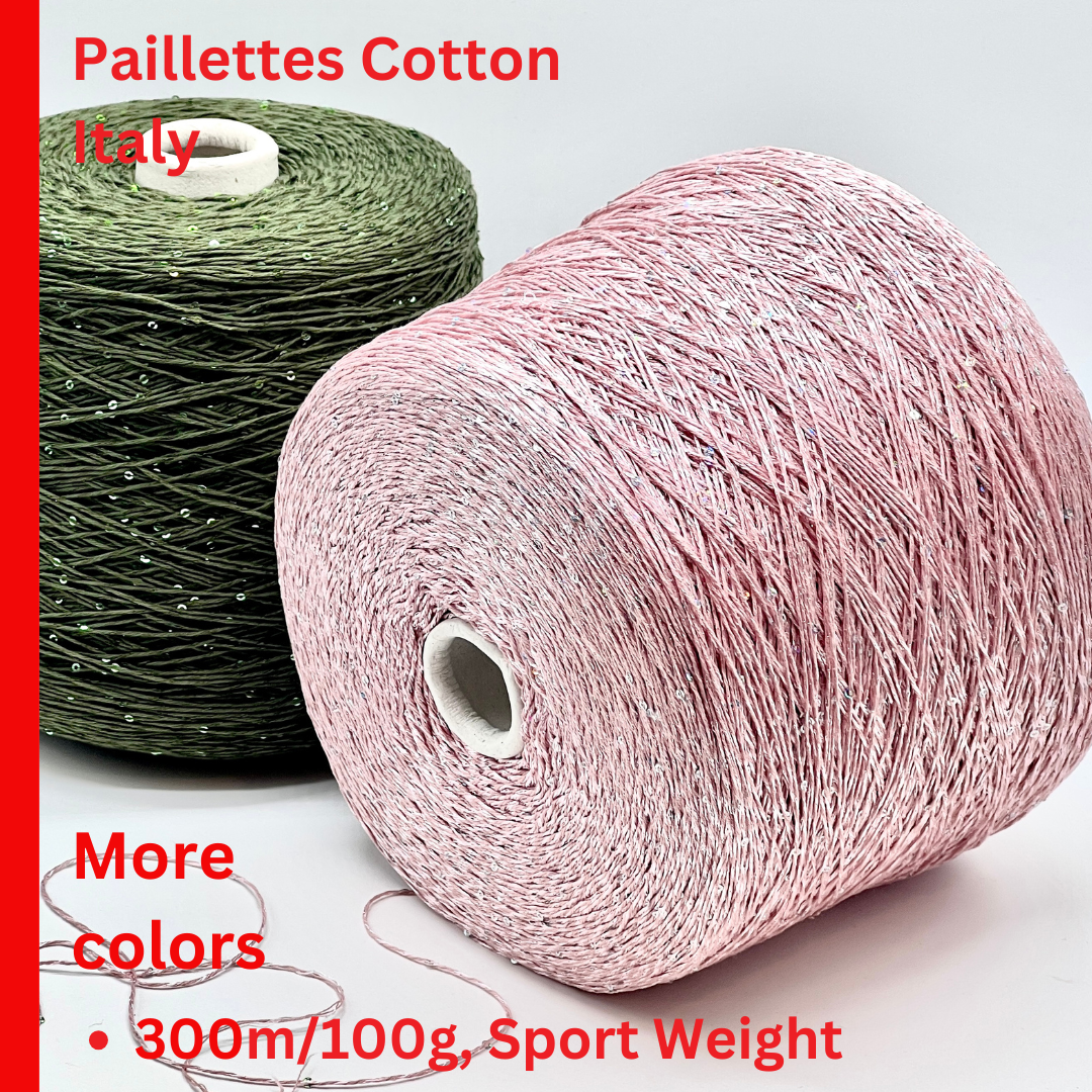 Professional grade RiGo STELLATO sport weight yarn from iDOKNiT, featuring a sophisticated 60% Italian cotton base with 2mm integrated paillettes. This authentic Italian-made yarn is curated by iDOKNiT to provide a refined shimmer and luxury finish for elegant, high-performance knitting projects.