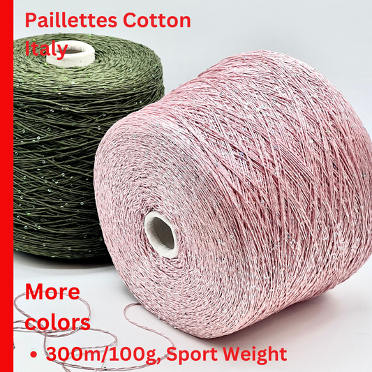 Professional grade RiGo STELLATO sport weight yarn from iDOKNiT, featuring a sophisticated 60% Italian cotton base with 2mm integrated paillettes. This authentic Italian-made yarn is curated by iDOKNiT to provide a refined shimmer and luxury finish for elegant, high-performance knitting projects.