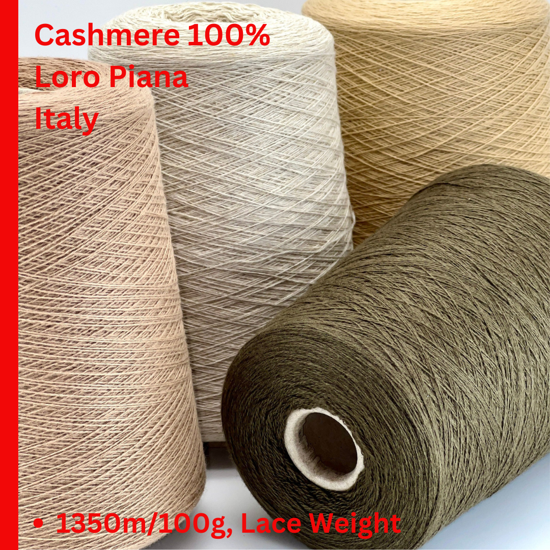 Loro Piana 100% Extra Fine Cashmere lace yarn (2/27 Nm) on a professional cone. Shown in classic neutral shades including Light Camel, Sand Melange, and Ivory. Made in Italy. Available at iDOKNiT.com.