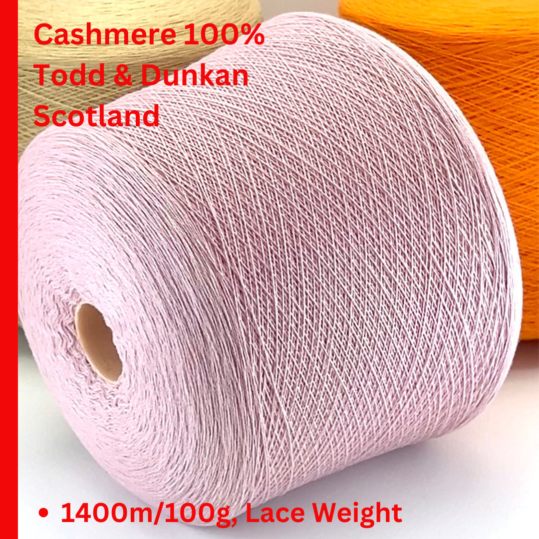 Todd & Duncan 100% Cashmere yarn (2/28 Nm) in a soft neutral palette. Shown as high-quality 2-ply lace weight thread on cones. Made in Scotland. Premium luxury yarn for retail at iDOKNiT.com.