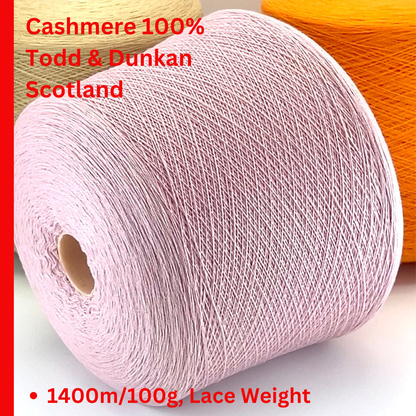 Todd & Duncan 100% Cashmere yarn (2/28 Nm) in a soft neutral palette. Shown as high-quality 2-ply lace weight thread on cones. Made in Scotland. Premium luxury yarn for retail at iDOKNiT.com.