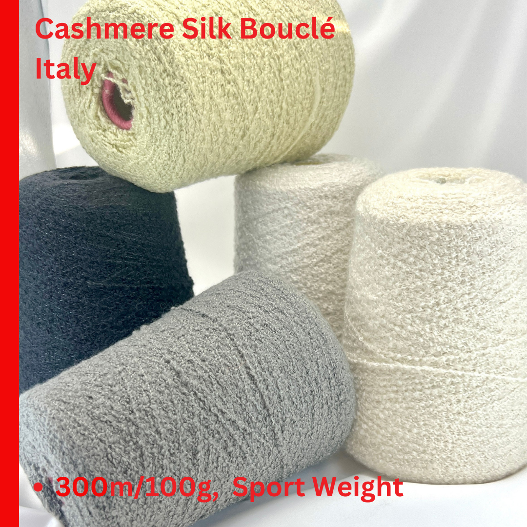 Elite iDOKNiT luxury sport weight yarn, Zegna Baruffa Italy. 80% cashmere and 20% silk bouclé, Nm 3000. Authentic Italian-made high-end fashion stock curated by iDOKNiT for professional knitting.