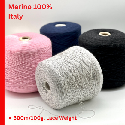 Elite iDOKNiT luxury lace yarn, MERINOS 6000 by RiGo Italy. 100% super soft merino wool, Nm 6000. Authentic Italian-made fine wool yarn with natural elasticity and breathability curated by iDOKNiT for professional knitting.
