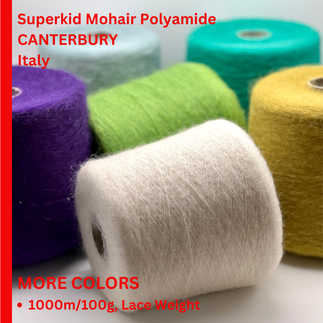 A collection of colorful Mister Joe CANTERBURY mohair yarn on professional cones, featuring shades like Emerald Green, Mustard, and Coral. This Italian-made lace weight yarn blend of Superkid Mohair and Merino wool is perfect for creating soft, fluffy knitwear. Available at iDOKNiT.com.