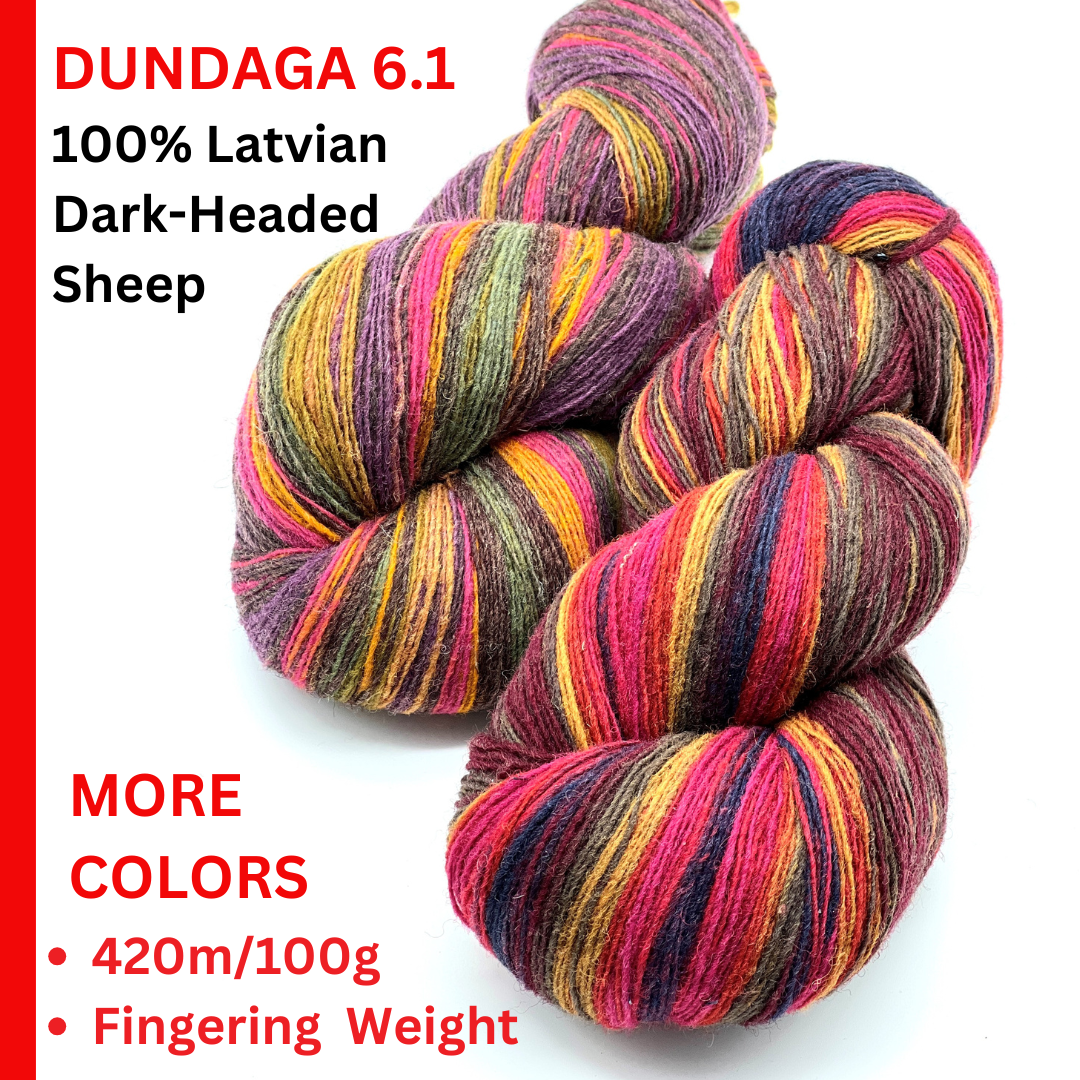 Small-batch dyed heritage skeins of 100% Latvian Dark-Headed Sheep Wool in earthy multicolor gradients like Green-Brown #052. The image shows the rustic single-ply texture and the sheep breed origin, representing the authentic wool traditions of Paces Vilnas Fabrika, Latvia. Available at iDOKNiT.com.