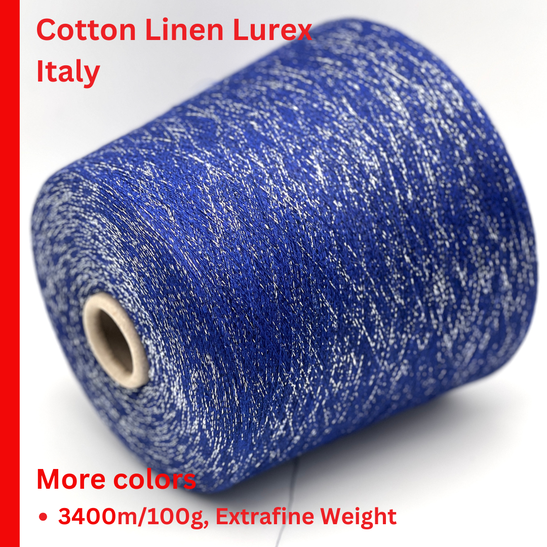 A luxurious cone of Pecci Filati SHIMMER yarn, a modern 50% Cotton, 25% Linen, 14% Polyester, and 12% Polyamide (Lurex) blend. The image showcases the refined metallic glow and delicate texture of this 3400m/100g Italian extrafine yarn, ideal for high-end blending. Authentic luxury fiber available at iDOKNiT.com.