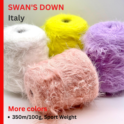 Four balls of yarn in white, yellow, pink, and purple with text about 'Swan's Down' yarn from Italy.