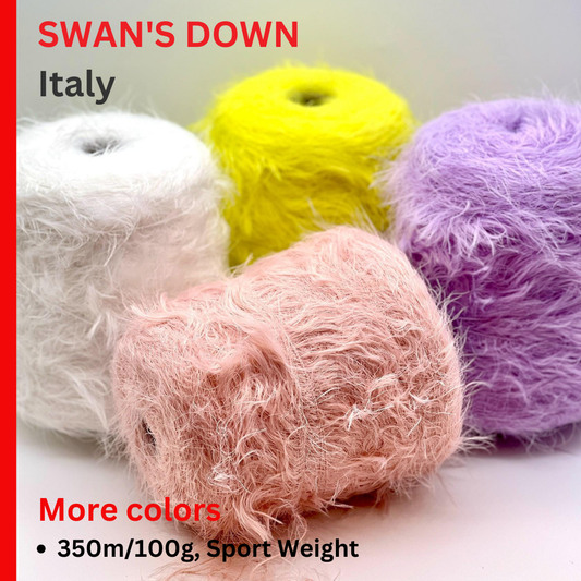 Four balls of yarn in white, yellow, pink, and purple with text about 'Swan's Down' yarn from Italy.