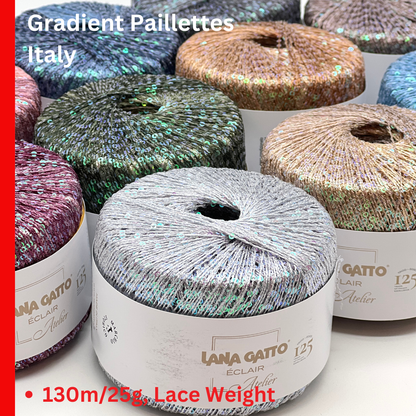 Lana Gatto Éclair sequin yarn ball, gradient thread, rainbow paillettes