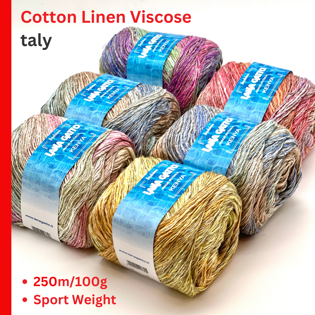 Multicolored yarn skeins with blue labels on a white background