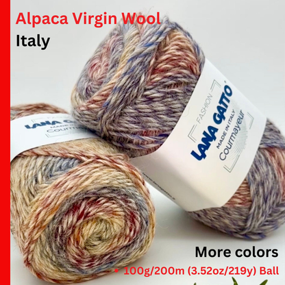 Multicolored alpaca virgin wool yarn with Lana Grossa label on a white background