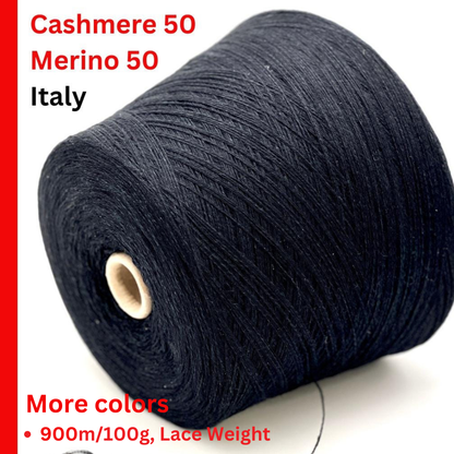 Roll of black yarn with text indicating cashmere and merino content, origin, and product details.