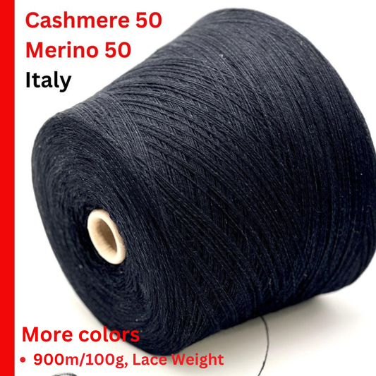 Roll of black yarn with text indicating cashmere and merino content, origin, and product details.