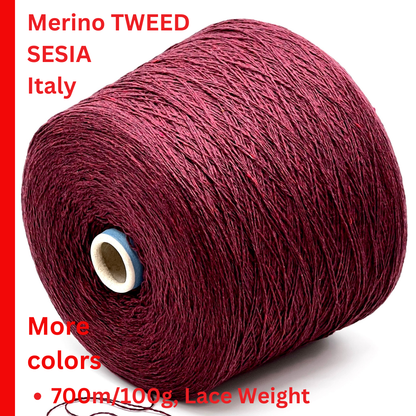 Elegant iDOKNiT SESIA SCOTLAND 100% Extrafine Merino Tweed lace yarn in Nm 2/14, showcasing a sophisticated rustic speckled texture and premium Italian wool quality.