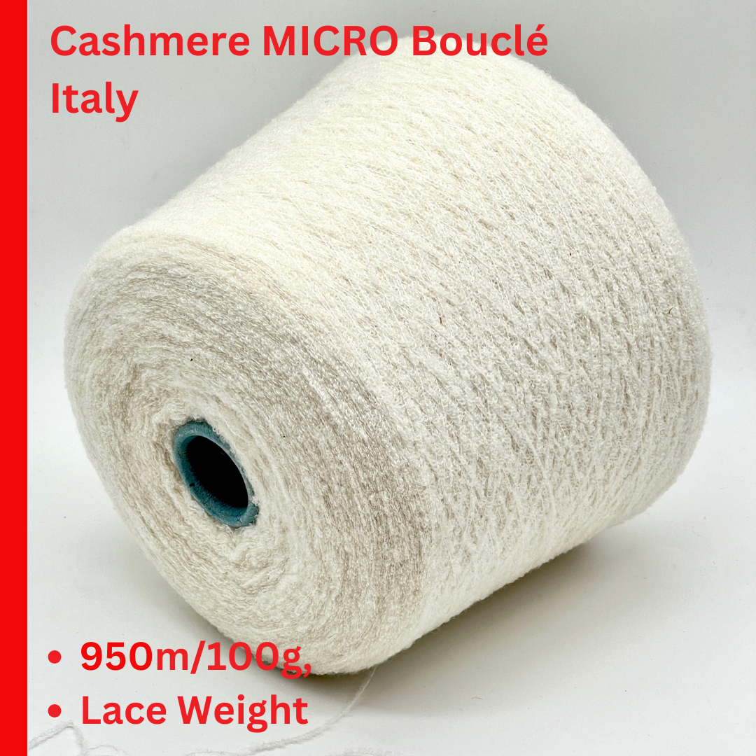 Elite iDOKNiT luxury micro-bouclé yarn, ESTRO by Zegna Baruffa Italy. 78% cashmere lace weight, Nm 9500. Authentic Italian-made soft airy loop yarn curated by iDOKNiT for professional knitting.