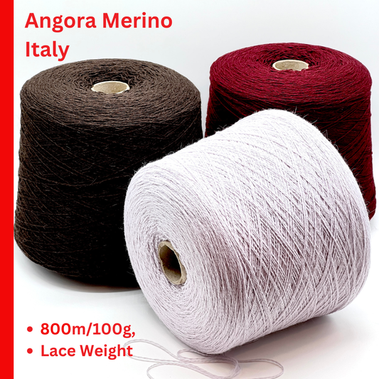 Elite iDOKNiT luxury lace weight carded yarn, LAMORA by Lanecardate Italy. 25% angora and 75% superfine merino wool blend, 800m/100g. Authentic Italian-made yarn with a signature soft halo and exquisite warmth curated by iDOKNiT for professional knitting.