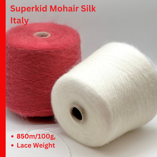 Elite iDOKNiT luxury lace weight yarn, AURORA by Filcom Italy. 70% super kid mohair and 30% silk blend, Nm 8500. Authentic Italian-made fluffy yarn with a dreamy halo and elegant silk core curated by iDOKNiT for professional knitting
